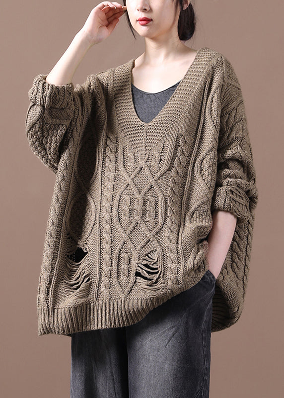 Khaki V Neck Cotton Knit Sweaters Fall