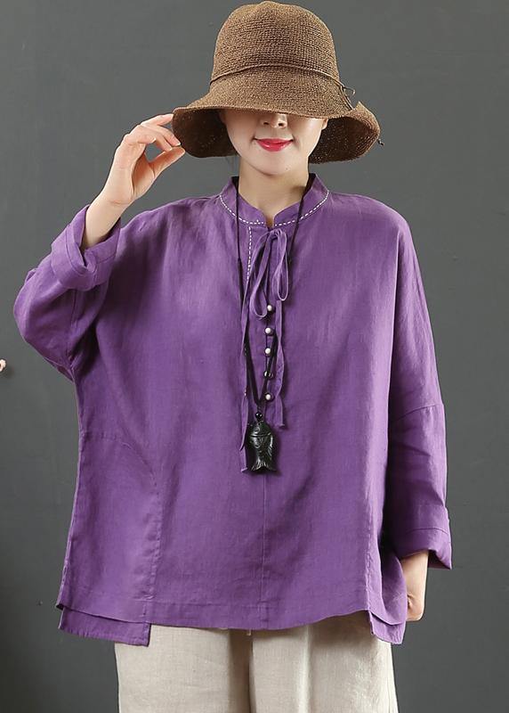 Stand Collar Pockets Spring Blouse Work Outfits Purple Blouse