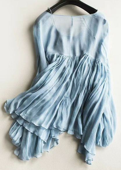 Blue Wrinkled Chiffon Shirt and Spaghetti Strap Two Pieces Set Lantern Sleeve