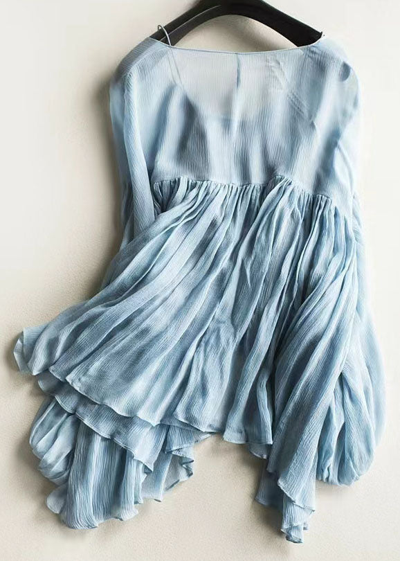 Blue Wrinkled Chiffon Shirt and Spaghetti Strap Two Pieces Set Lantern Sleeve