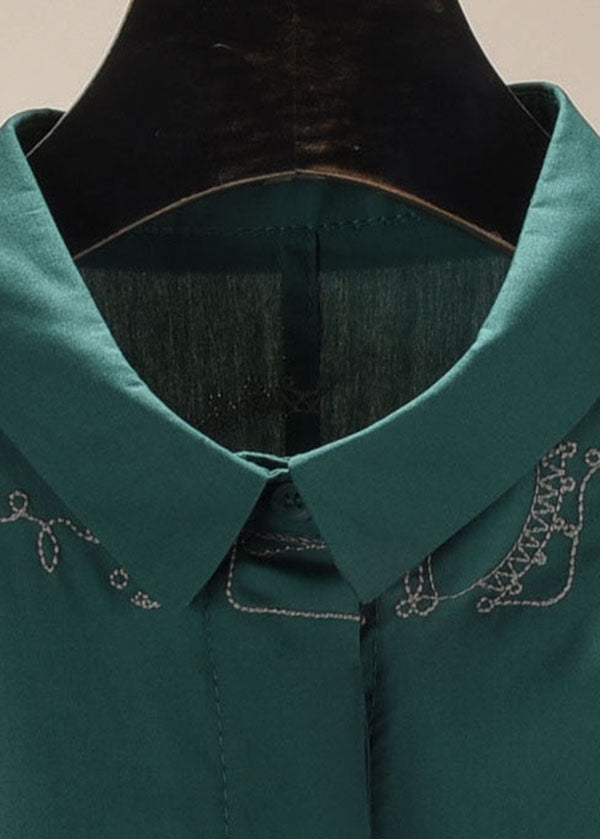 Classy Green Turn-down Collar Embroideried Cotton Shirts Long Sleeve