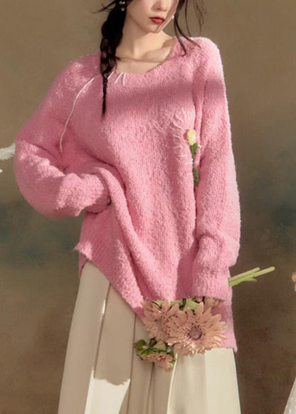 Pink O-neck Cotton Knit Sweaters Winter