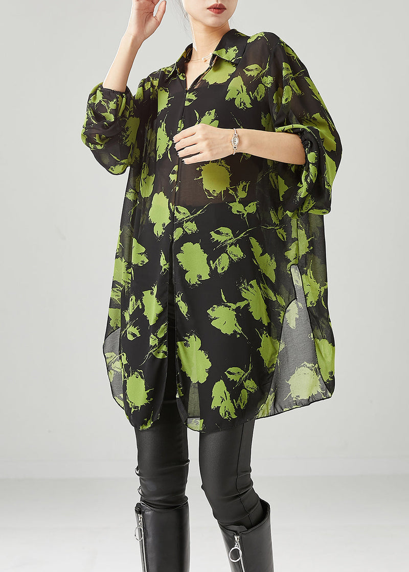 Green Print Chiffon Upf 50+ Shirt Tops Oversized Fall