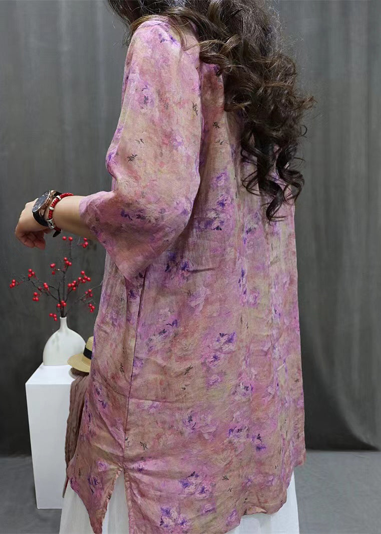 Purple Side Open Linen Blouse O-neck Summer