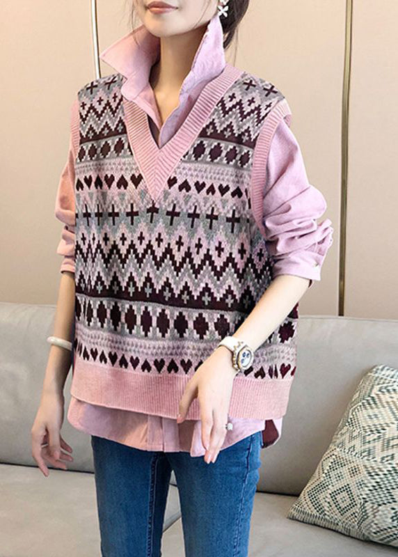 French Pink Peter Pan Collar Shirts and Vest Knit Two Piece Suit Set Fall