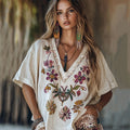 Women's Floral Embroidery Short Sleeve Casual Linen Top artswardrobe