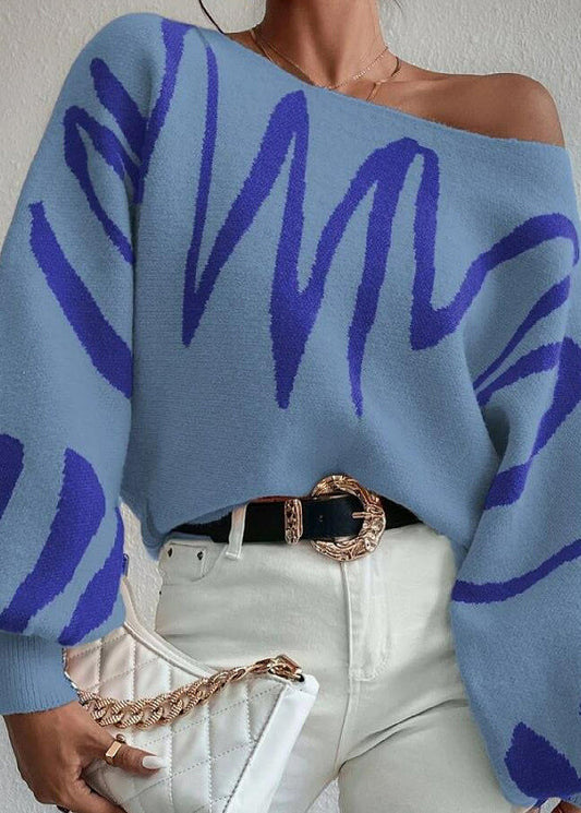 Blue Slash Neck Knit Sweaters Lantern Sleeve