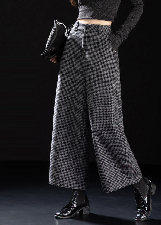 Fitted Grey Plaid Warm Fleece Wide Leg Pants Spring