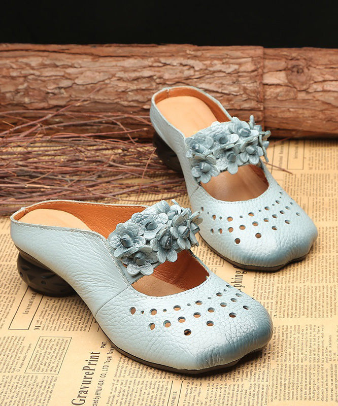 Retro Blue Cowhide Leather Splicing Slide Sandals