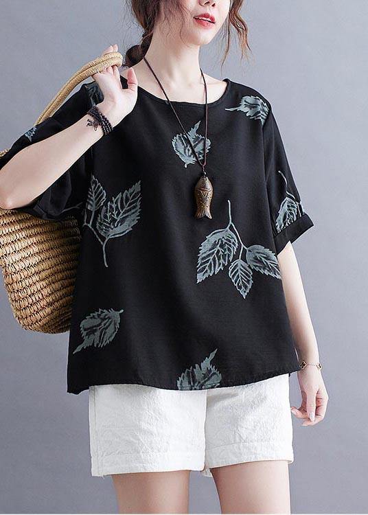 Handmade Black O-neck Loose Summer Cotton Linen Top