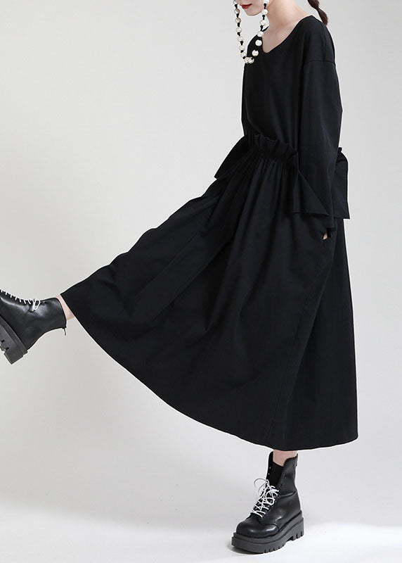 Black O-neck Patchwork Pockets Fall Dress Long Sleeve
