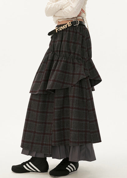 Grey Plaid False Two Pieces Patchwork Cotton Skirts Fall