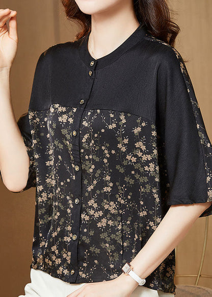 Small Print Patchwork Silk T Shirts O Neck Summer