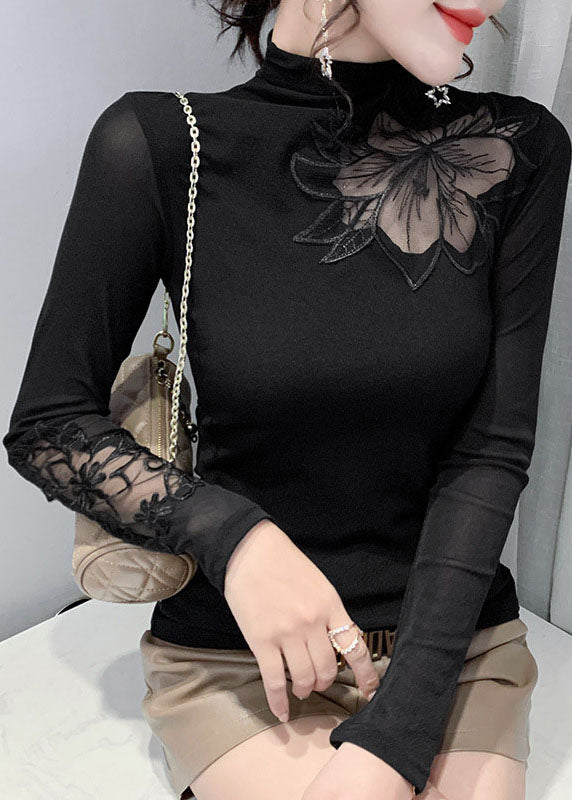 Black Stand Collar Tulle Patchwork Tops Spring