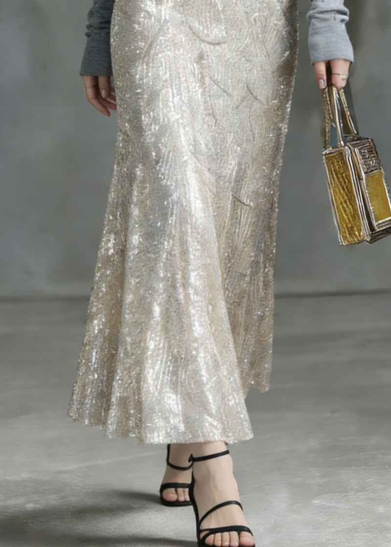 Silver High Waist Sequins a Line Skirt