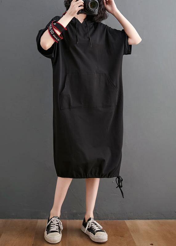 Black Hooded Pockets Mid Summer Cotton Dress