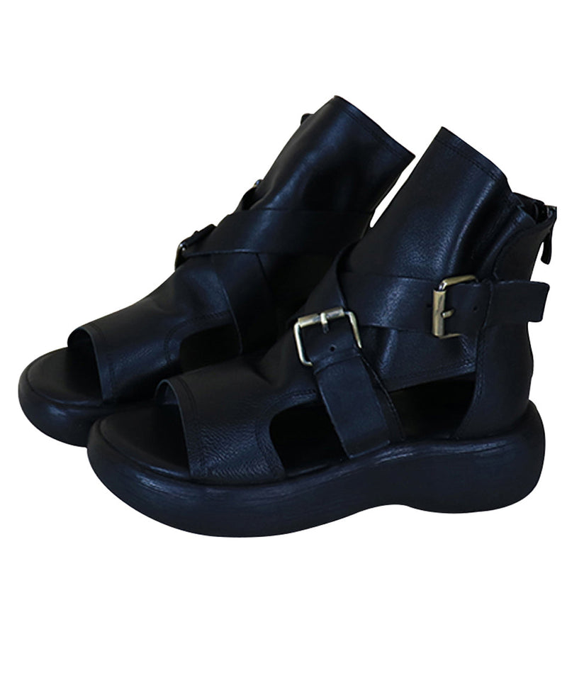 Black Sandals Boots Platform Cowhide Leather Splicing Peep Toe