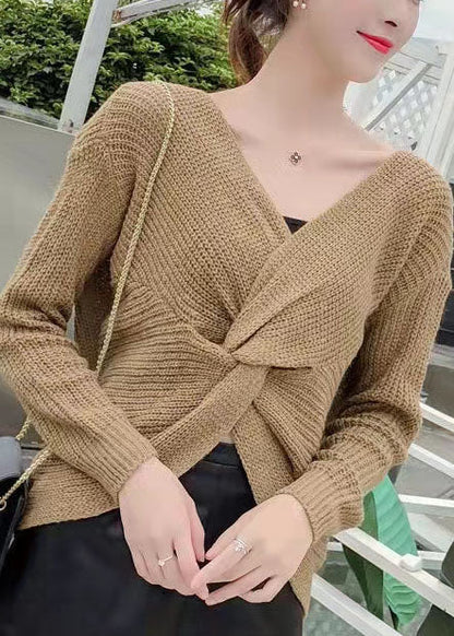 Chocolate V Neck Knit Fall Tops