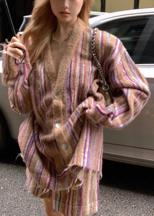 Loose Striped Button Cardigan and Shorts Cotton Knit Two Pieces Set Fall