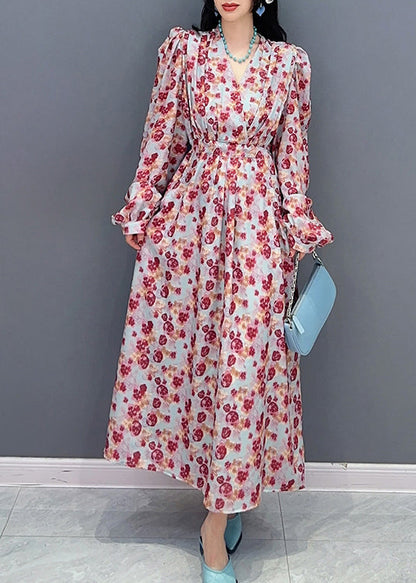 V Neck Print Tie Waist Long Dress Spring