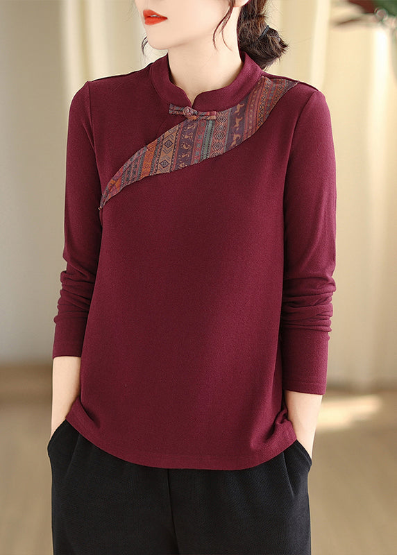 Purple Red Stand Collar Button Cotton Blouse Tops Fall