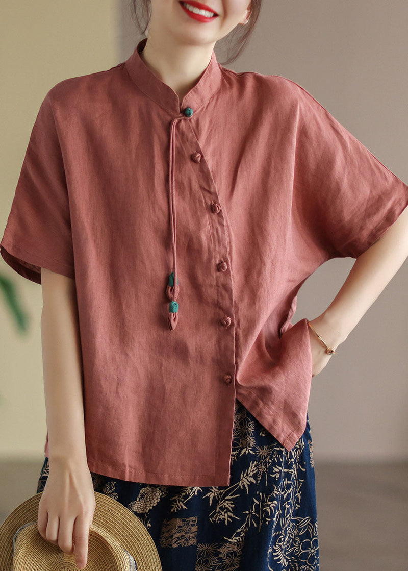 Green Stand Collar Tassel Asymmetrical Design Linen Shirts Short Sleeve