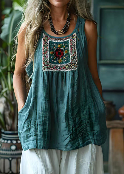 Blue O Neck Print Cotton Tank Top Sleeveless