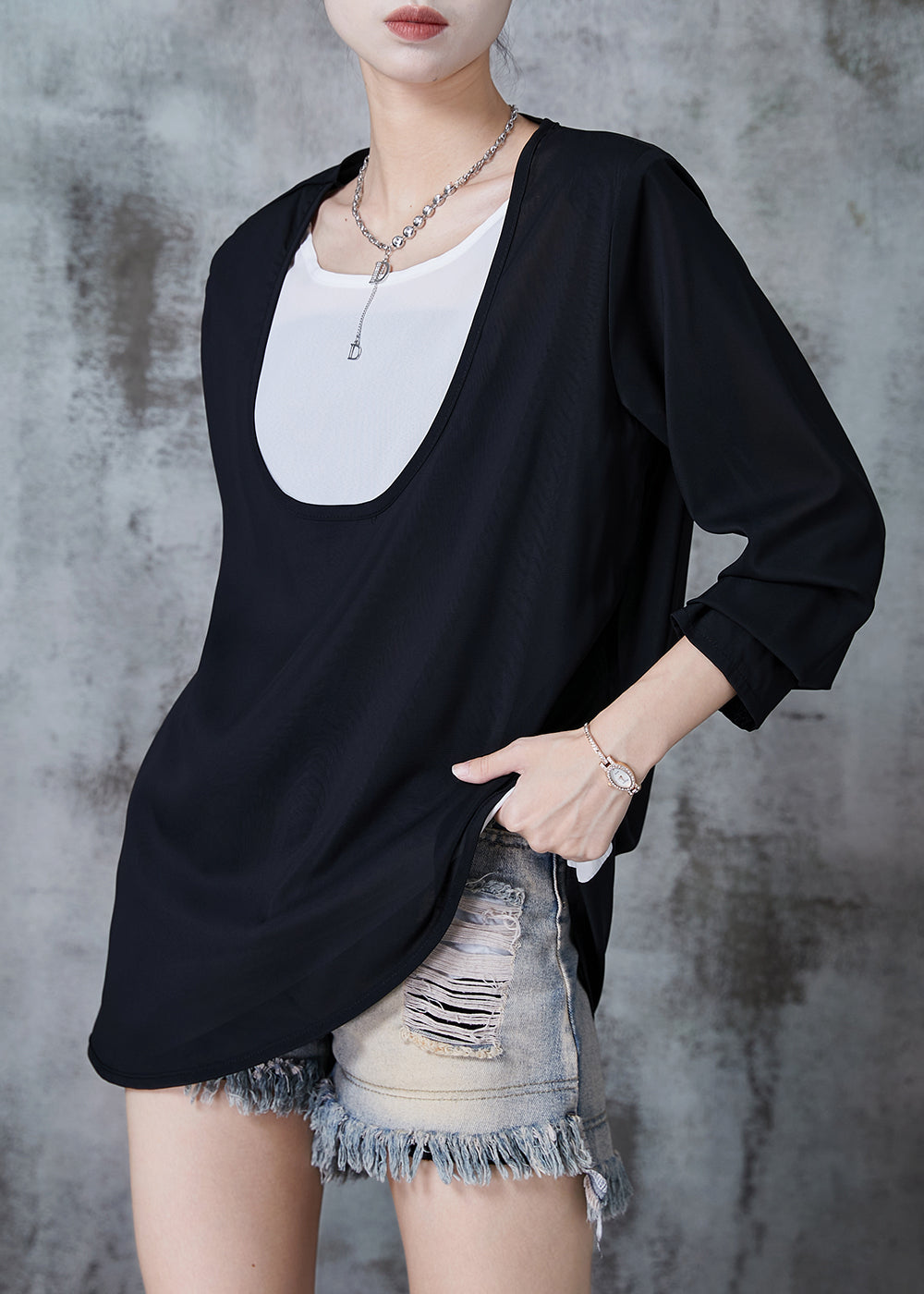 Modern Black U-neck Patchwork Chiffon Fake Two Piece Top Fall