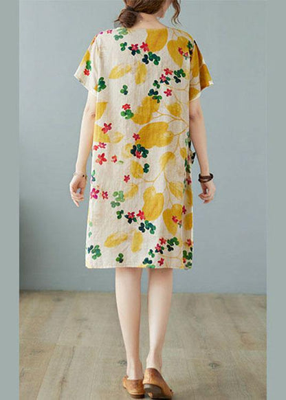Simple Yellow O Neck Print Dress Cotton Linen Summer