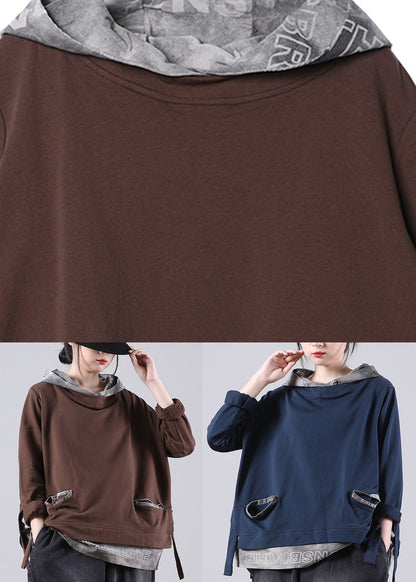 Fine Dark Blue Alphabet Graphic Patchwork Hooded Sweatshirt Long Sleeve