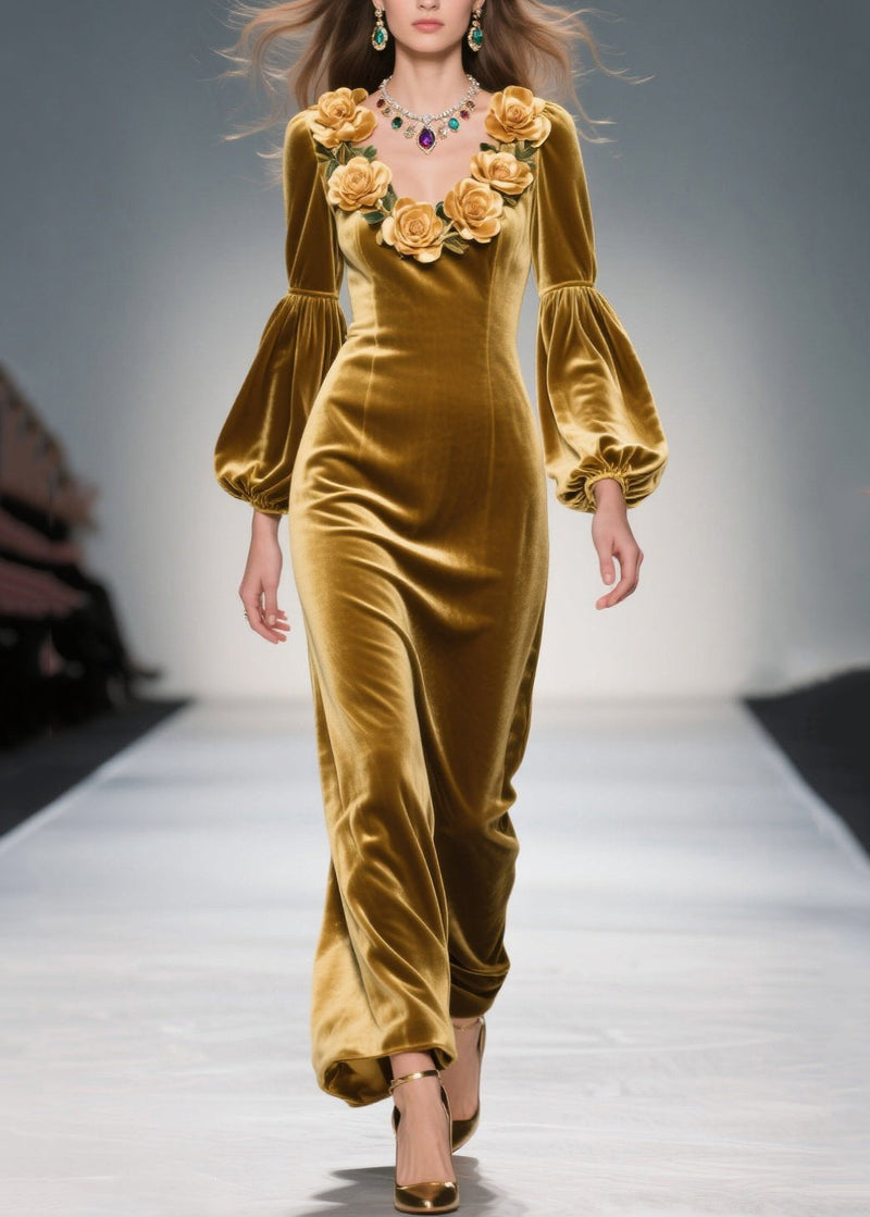 Handmade Yellow V Neck Velvet Long Dresses Fall
