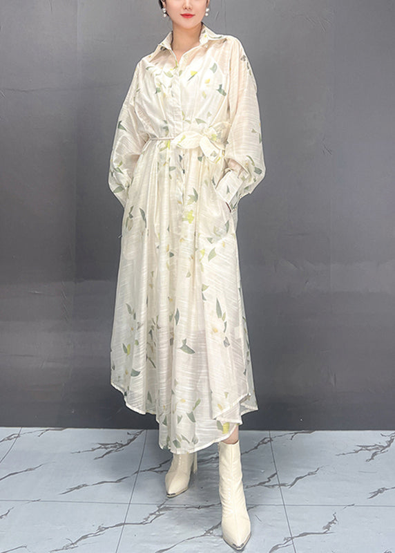 Red Peter Pan Collar Print Tie Waist Vacation Long Dresses Fall