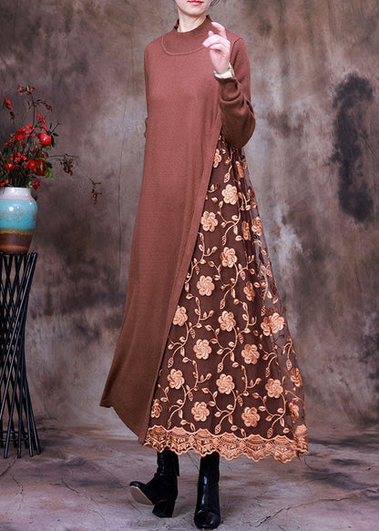 Diy Chocolate Knit Patchwork Lace Embroideried Fall Dress