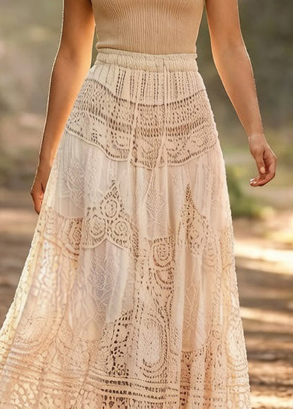 Loose Beige Hollow Out Drawstring Cotton Skirts Summer