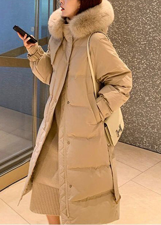 Black Fur Collar Hooded Tie Waist Fine Cotton Filled Puffers Coat Winter