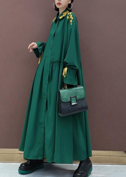 Lapel Cinched Spring Ideas Green Embroidery Long Dresses