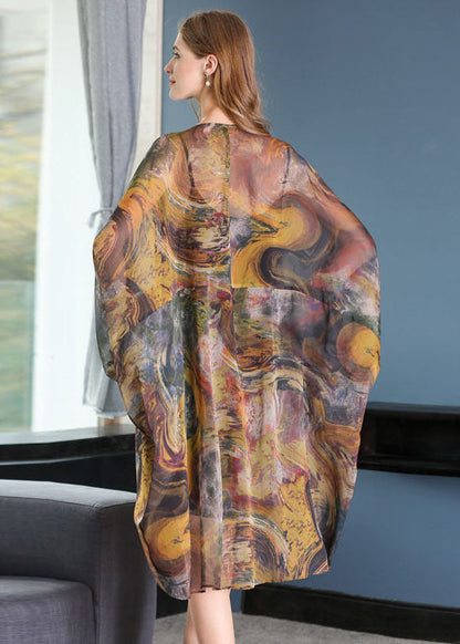 Khaki Oversized Print Chiffon Upf 50+ Coat Jacket Batwing Sleeve