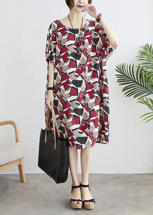 Diy Red Print Batwing Sleeve Summer Chiffon Dress