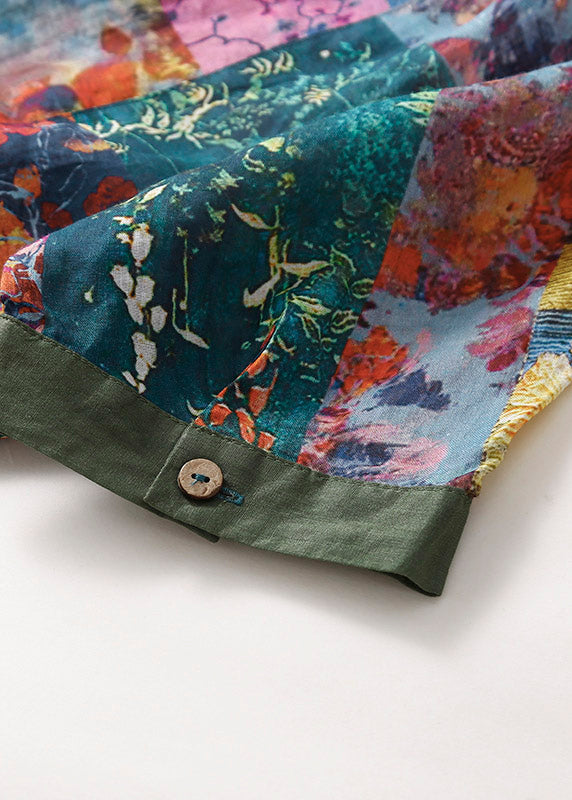 Print Button Side Open Linen Shirts Short Sleeve