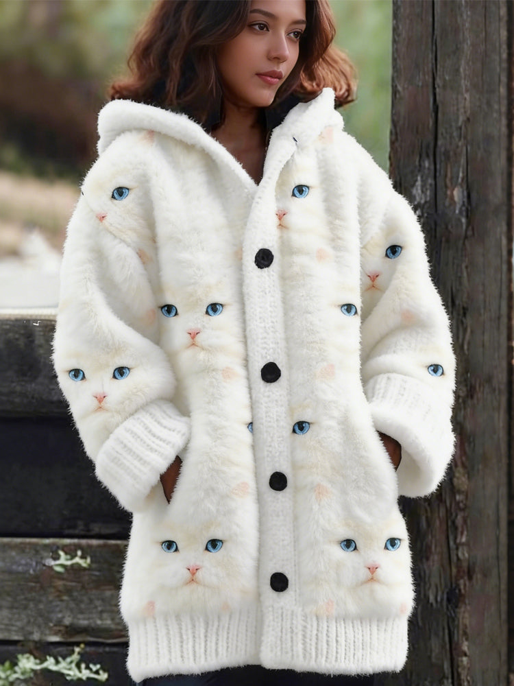 Comstylish Cute Fuzzy Cats Art Pattern Plush Cozy Hooded Cardigan