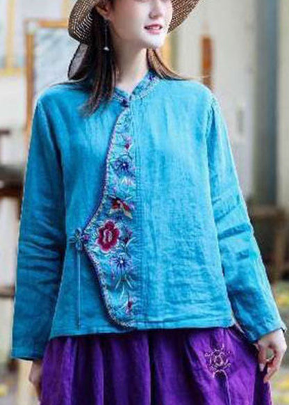 Oriental Blue O-neck Tie Waist Embroideried Linen Tops Spring