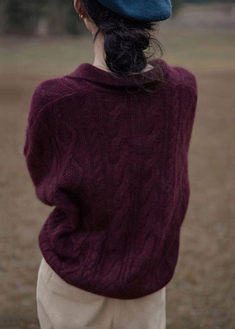 Purple V Neck Patchwork Cozy Cotton Knit Top Long Sleeve