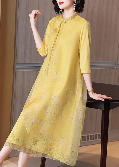 Chinese Style Yellow Ruffled Button Print Silk Long Dress Half Sleeve Summer