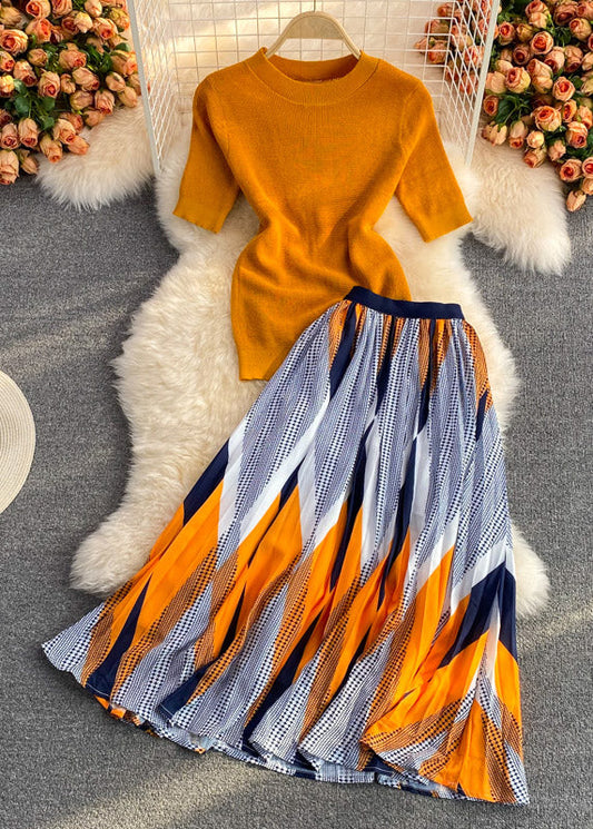 Organic Orange Knit Top and Skirts Two Piece Set Clothing Summer