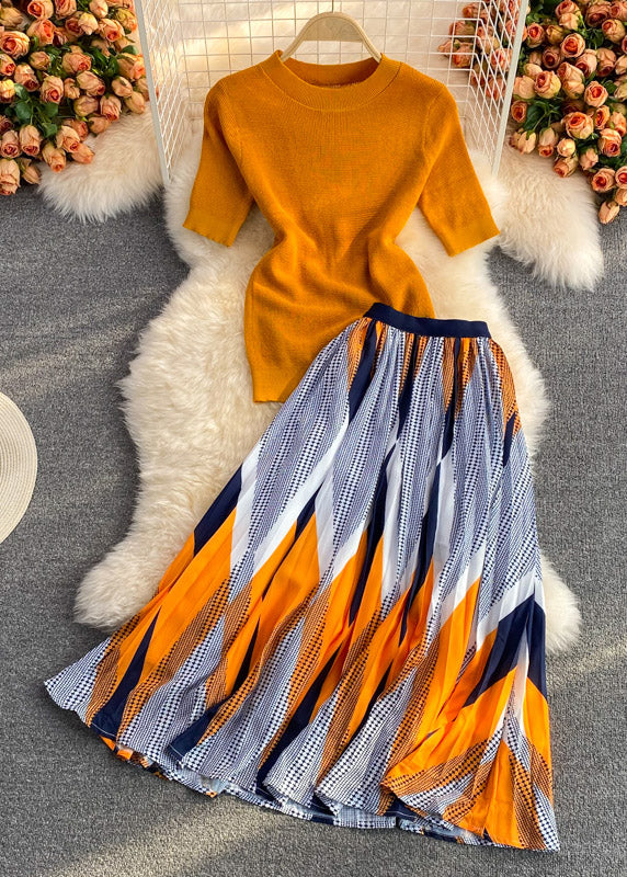 Organic Orange Knit Top and Skirts Two Piece Set Clothing Summer