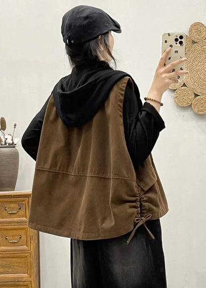 Khaki Hooded Zippered Patchwork Denim Vest Sleeveless