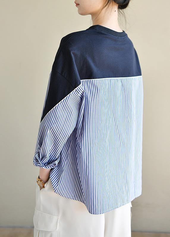 Fitted Navy Patchwork Striped Long Sleeve Spring Blouses