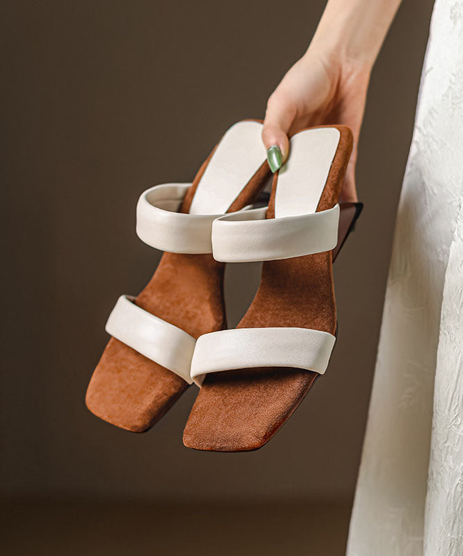 Wedge Beige Cowhide Leather Slide Sandals Peep Toe