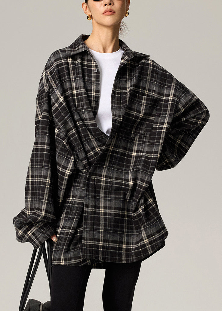 Coffee Plaid Peter Pan Collar Plaid Button Shirts Fall