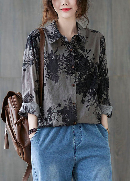 Unique Yellow Leopard Print Peter Pan Collar Button Print Fall Blouses Long Sleeve